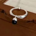 Vintage S925 sterling silver open ring featuring an elegant black bead pendant charm - Black Bead Pendant Open Ring (JZ1095)
