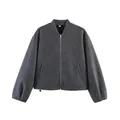 Casual grey loose zip-up bomber jacket for women, autumn minimalist style - Dark Gray