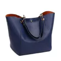 Large capacity pebbled leather tote bag in navy blue with orange interior - Blue