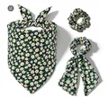 3pcs summer floral hair scrunchie and triangle headscarf set with white daisy print - Triangle Headscarf, Scrunchie And Bow Scrunchie / Dark Color