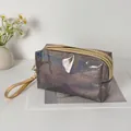 Glittery PVC large capacity makeup bag with champagne gold zipper and hand strap - Black