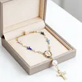 Religious pearl bracelet with multicolored enamel crosses and Virgin Mary pendant - Cross Mixed Colors