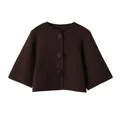 Elegante chaqueta corta de punto marrón oscuro con cuello redondo y botones forrados. - S / café