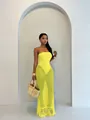 Bright yellow strapless hollow-out knit maxi dress two-piece set for beach vacation - XS / Yellow