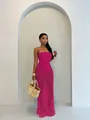 Sexy hot pink strapless cutout mesh knitted maxi dress with fringe hem two-piece set - XS / Rose Red