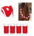 Festive red horse Christmas costume set featuring a Santa hat, leg wraps, and bell collar - Horse Hat, Leg Wraps and Bell Chain Set