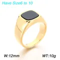 Gold stainless steel men's ring with square black onyx, featuring 12mm width and 10g weight. - Size 6 / Gold
