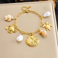 Elegant ocean themed charm bracelet with gold-plated stainless steel sea creatures - Crab Turtle Ocean Style (B2166)