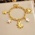 Marine theme gold-plated stainless steel charm bracelet with sea turtle and crab pendants - Crab Turtle Chunky Chain Ocean Style (B2168)