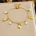 Elegant gold plated stainless steel bracelet featuring white pearls and tropical fruit charms - Pineapple Pear Fruit Style (B2170)