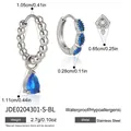 Vista detallada del juego de pendientes de acero con dimensiones y detalles de piedras azules - Juego de Pendientes (JDE0204301-S-BL) / Plata Con Azul