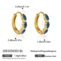 Detailed view of gold stainless steel hoop earrings with marquise blue stones - Blue Resin Huggie Style (JDE0204303-BL)
