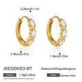 Detail of gold-plated stainless steel marquise CZ hoop earrings with dimensions and weight info. - Marquise Rhinestone Huggie Style (JDE0204303-WT)