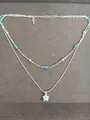 Double layered silver necklace featuring star zircon pendant with blue and pearl beads - Silver Blue Stone Style (HN12257-1-) / Silver
