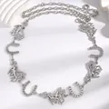 Silver metal waist chain belt with horse and rhinestone horseshoe charms - Running Horse Horseshoe Rhinestone Fine Chain Style (0228) / Silver