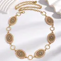 Elegant gold chain belt for women with pearl and rhinestone oval charms - Oval Hollow Inlaid Artificial Pearl Rhinestone Style (2221) / Gold