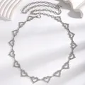 Elegant silver heart-shaped metal link waist chain belt decorated with shiny rhinestones - Hollow Pave Rhinestone Heart Style (0393) / Silver