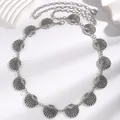 Elegant silver metal waist chain belt featuring shell decorative charms for dresses - Scallop Texture Ring Linked Style (DZ-238) / Antique Silver