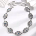 Vintage silver ethnic waist chain belt with bull head and blue stones jewelry for women - Oval Hollow Bull Head Blue Stone Style (DZ-094) / Silver
