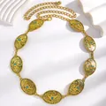 Vintage gold metal chain belt featuring engraved bull head pendants and blue stones - Bull Head Blue Stone Style (DZ-373) / Gold