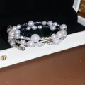 Bracelet enveloppant élégant en perles et strass vintage français, finition argent - Style 52 Jonc (Enveloppement Double Couche)