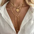 Gold layered beaded necklace with spiral shell pendant in vintage bohemian style - Conch Pendant Layered Style (y36031226) / Light gold