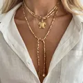 Elegant gold beaded layered necklace featuring a sea turtle pendant and square charms - Turtle Pendant Layered Style (y36031226) / Light gold
