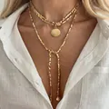 Elegante collana a strati con perline dorate, pendente a conchiglia e stile lungo Y-lariat - Stile a Strati con Pendente a Conchiglia (y36031226)
