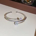 Detaillierte Makroansicht eines silbernen doppellagigen Armreifs mit Kleeblatt-Anhängern. - Armband / Silber