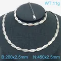 Elegante conjunto de collar y pulsera de cadena de serpiente trenzada plateada 11g - 2.5 mm Trenzado de Doble Capa / Pulsera 18cm+5cm / Color acero