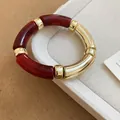 Elegant retro acrylic marble bracelet featuring dark red and metallic gold tube beads - 54# Bracelet (HB3859) / Gold Red Round Ink-wash Polka Dot