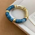 Elegant blue marbled acrylic and gold tube bead stretch bracelet for women jewelry - 55# Bracelet (HB3859) / Gold Blue Round Ink-wash Polka Dot