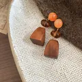 Orecchini etnici in legno geometrici con perle arancioni e ambra da donna - Stile Patchwork Trapezoidale Geometrico (6#) / Marrone Rettangolo
