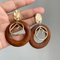 Eleganti orecchini geometrici in legno stile etnico con metallo dorato e trama tessuta. - 10# Ago d'Argento-Oro-Caffè