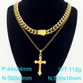 Conjunto de collar para hombre doble capa cadena cubana de oro con cruz de acero - Collar de doble capa dorado