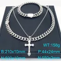 Elegante conjunto de joyería de cadena cubana de acero para hombre con cruz de plata - Pulsera + Collar Doble Color Acero