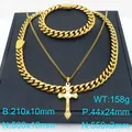 Conjunto de joyas hip hop para hombre: cadenas cubanas doradas y colgante de cruz - Pulsera + Collar Doble Dorado