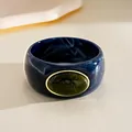 Vintage style blue marble acrylic bangle with large oval green gemstone in gold frame - Irregular Geometric Style / Blue And Dark Green