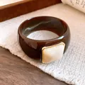 Vintage brown acrylic bangle with a square cream marble stone inlay in gold frame - Square Style / Brown And Beige