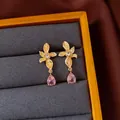 Vintage gold flower stud earrings with pink teardrop crystal pendants - Style 23