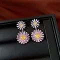 Elegant vintage daisy flower earrings with pink and yellow crystals in a silver finish - Style 25