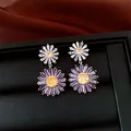 Vintage silver flower drop earrings featuring purple crystals and yellow cubic zirconia - Style 26