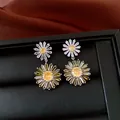 Vintage style silver needle flower drop earrings featuring yellow and white rhinestones - Style 27