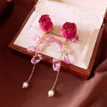 Vintage style red rose drop earrings with pink crystals and pearls in luxury display - Style 33