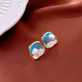 Elegant vintage Monet garden style gold square earrings with blue enamel and pearls - Gold Square Scenery (56#)