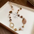 Collana di perle vintage con perle di vetro marroni e ambrate in scatola di legno - 53# Collana - Caffè