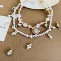 Böhmische zweilagige Perlenkette mit Muschelanhängern für den Sommerstrand - Zweilagige böhmische Perlen-Muschel-Halskette / Gold Weiß Champagner