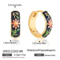 Floral enamel hoop earrings in 18k gold plated stainless steel with waterproof coating - Enamel Floral Hoop Earrings (JDE0112203-BK)