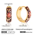 18k gold plated stainless steel floral enamel hoop earrings, red and orange details. - Vintage Enamel Hoop Earrings (JDE0112203-BR)
