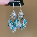 Elegant retro earrings with pearls and blue glass tassels on a silver needle base - 4# Fan Pearl Blue Tassel Style / 925 Silver Post Style / Gold-Blue